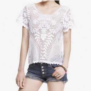 EXPRESS Mesh Embroidered Ivory Boho Top S